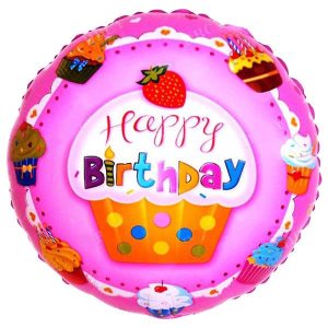 18″ Μπαλόνι Happy Birthday cup cakes Φράουλα